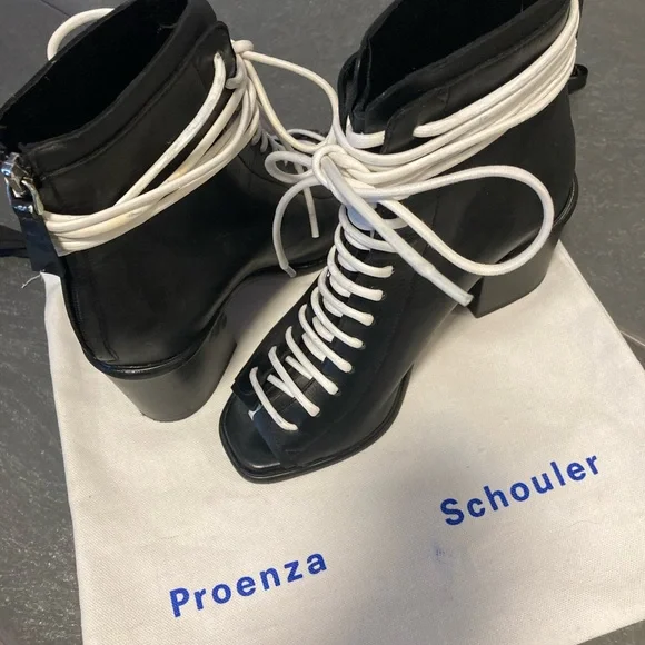 Proenza Schouler Black Leather Open-Toe Lace-Up Ankle Boots with White Laces - Picture 11 of 13